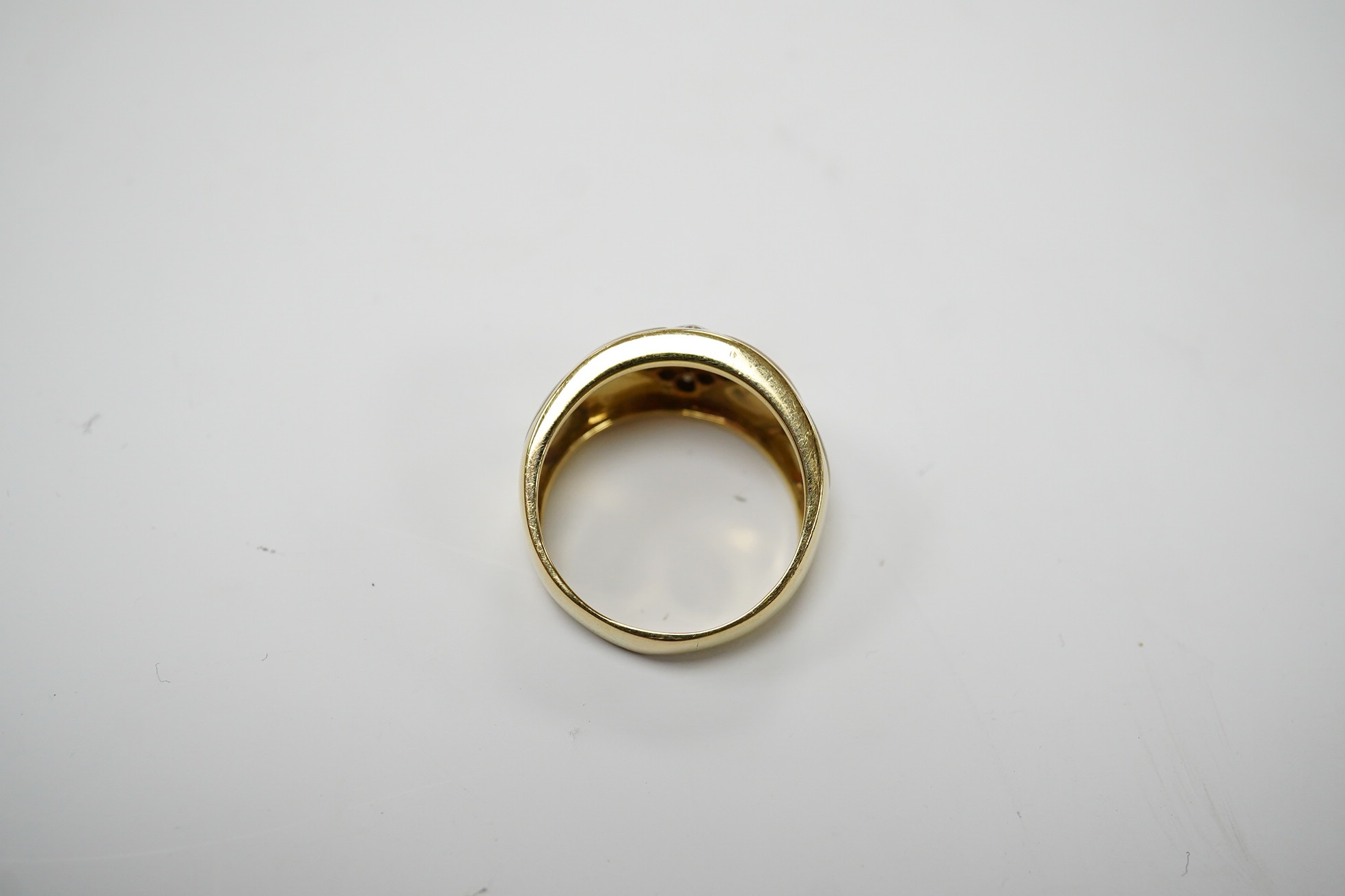 An Italian? yellow metal, mother of pearl, black enamel and diamond cluster set dress ring, size Q, gross weight 8.3 grams. Condition - fair